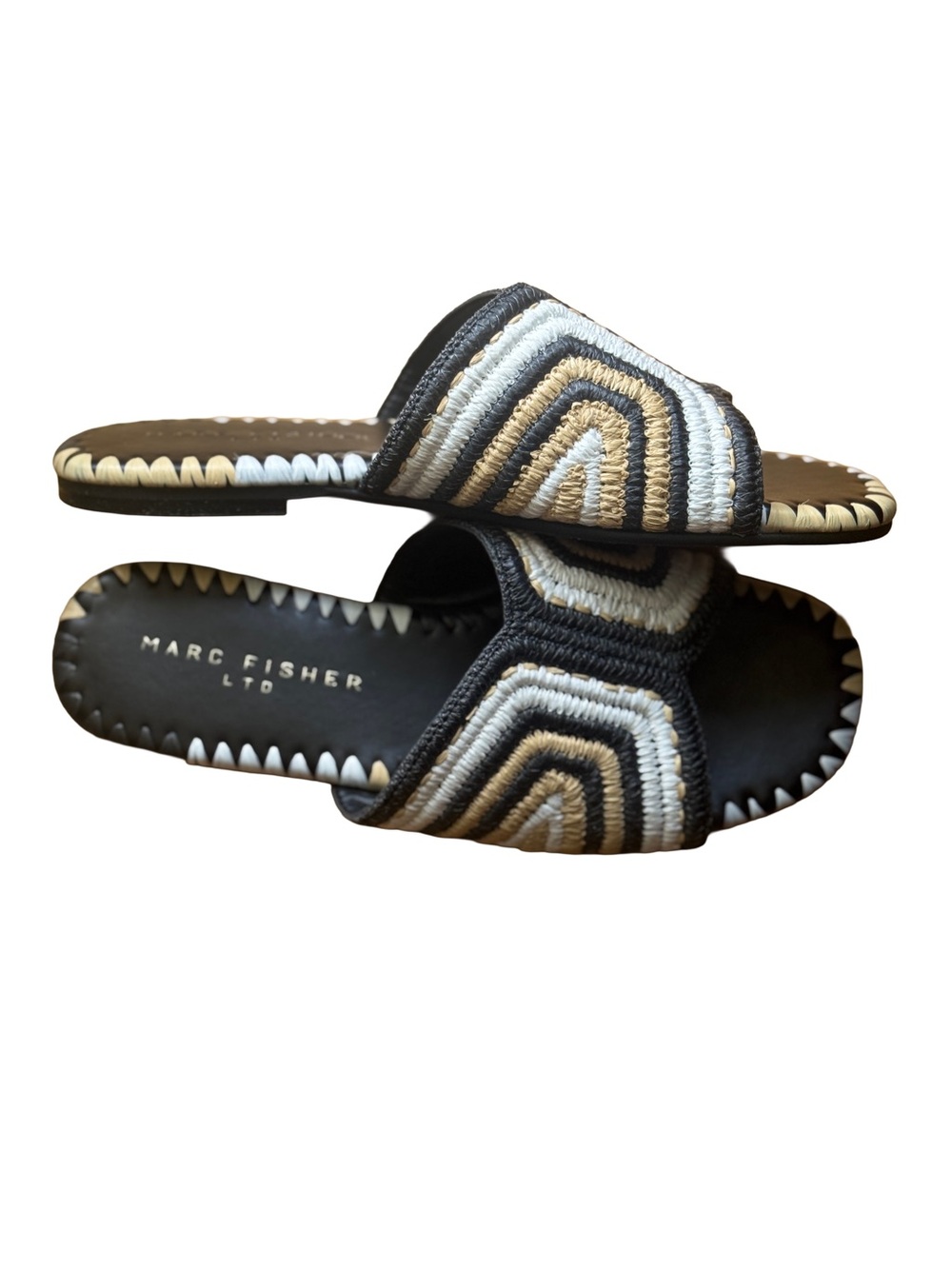 Marc Fisher Black, White & Tan Woven Slide Sandals